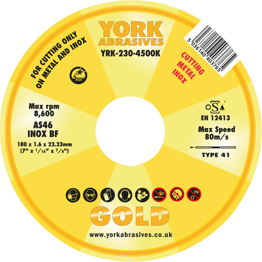 Cutting Disc, 46-Fine/Medium, 180 x 1.6 x 22.23 mm, Type 41, Aluminium Oxide